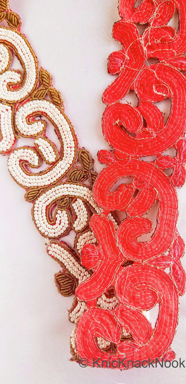 Gold Zardozi Hand Embroidered Cutwork Lace Trim Beaded with Ivory Seed Beads, Wedding Trim, Indian Trim